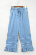 Load image into Gallery viewer, Dusk Blue Ruffled Hem Wide Leg Chambray Pants
