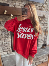 Load image into Gallery viewer, Mist Blue Jesus Saves Slogan Print Stand Neck Baggy Sweatshirt
