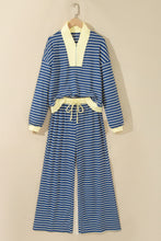 Load image into Gallery viewer, Blue Stripe Color Block Patchwork Zip V Neck Pullover Loose Pants 2pcs Set