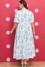 Load image into Gallery viewer, Sky Blue Plus Size Geometric Floral Print Button Split Neck Short Sleeve Maxi Dress
