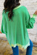 Load image into Gallery viewer, Bright Green Twisted Ribbed mardi gras Sequin Graphic Exposed Seam Patchwork Pullover Top