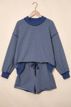 Load image into Gallery viewer, Blue Stripe Ribbed Patchwork Mock Neck Baggy Pullover Matching Shorts Set