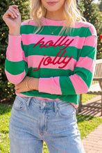 Load image into Gallery viewer, Green Stripe holly jolly Letter Embroidered Pullover Sweatshirt