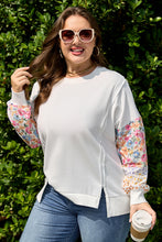 Load image into Gallery viewer, White Plus Size Exposed Seam Detail Contrast Dot Floral Patchwork Sleeve Sweatshirt