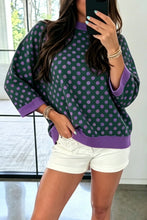 Load image into Gallery viewer, Blue Polka Dot Print Contrast Trim Round Neck Bracelet Sleeve Top