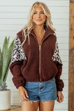 Load image into Gallery viewer, Coffee Leopard Patchwork Fleece Western Style Zip-up Collar Jacket