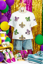 Load image into Gallery viewer, White Mardi Gras Fleur De Lis Sequin Graphic T Shirt