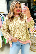 Load image into Gallery viewer, Brown Plus Size Leopard Print Contrast Polka Dot Trim Long Sleeve Top