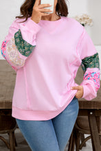 Load image into Gallery viewer, Pink Plus Size Mix Floral Patched Sleeve Ribbed Trim Baggy Sweatshirt