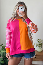 Load image into Gallery viewer, Rose Red Colorblock Gingham Sleeve Crewneck Sweatshirt
