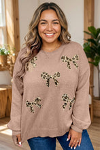Load image into Gallery viewer, Dark Khaki Leopard Bow Embroidery Drop Shoulder Tunic Plus Size Sweater