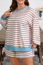 Load image into Gallery viewer, Khaki Stripe Contrast Edge Drop Shoulder Pullover and Shorts Plus Size Set