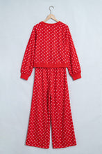 Load image into Gallery viewer, Red Polka Dot Drawstring Wide Leg Long Sleeve Top Pant Set