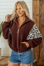 Load image into Gallery viewer, Coffee Leopard Patchwork Fleece Western Style Zip-up Collar Jacket