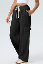 Load image into Gallery viewer, Black Solid Color Drawstring Elastic Waist Cargo Patch Pocket Active Pants