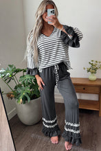 Load image into Gallery viewer, Gray Stripe V Neck Ruffle Contrast Sleeve Top Drawstring Pants 2pcs Set