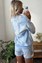 Load image into Gallery viewer, Light Pink Patchwork Floral Print Drop Shoulder Baggy Pullover Drawstring Shorts Set
