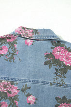 Load image into Gallery viewer, Sky Blue Floral Print Raw Seam Ruffle Hem Denim Jacket