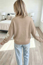 Load image into Gallery viewer, Smoke Gray Beaded Floral Patchwork Ribbed Trim Round Neck Sweater