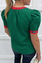 Load image into Gallery viewer, Evergreen Plaid Trim V Neck Short Sleeve Shift Blouse