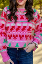Load image into Gallery viewer, Pink Christmas Holiday Graphic Round Neck Knit Sweater