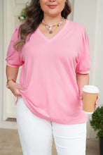 Load image into Gallery viewer, Bonbon V Neck Pleated Short Puff Sleeve Plus Size Blouse