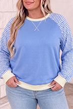 Load image into Gallery viewer, Light Blue Plaid Sleeve Ribbed Colorblock Trim Plus Size Sweatshirt