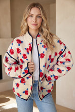 Load image into Gallery viewer, White Floral Print Zipper Stand Neck Outerwear Fleece Coat