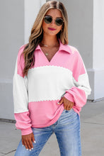 Load image into Gallery viewer, Rose Red Color Block Ricrac Trim Patchwork Collar V Neck Long Sleeve Top