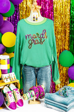 Load image into Gallery viewer, Bright Green Twisted Ribbed mardi gras Sequin Graphic Exposed Seam Patchwork Pullover Top