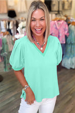 Load image into Gallery viewer, Turquoise Solid Color V Neck Short Puff Sleeve Blouse