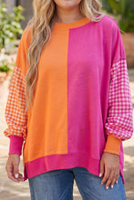 Load image into Gallery viewer, Rose Red Colorblock Patchwork Gingham Sleeve Trendy Plus Size Sweatshirt