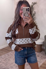 Load image into Gallery viewer, Brown Stripe Patchwork Polka Dot Accent Quarter Zip Long Sleeve Top