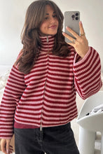 Load image into Gallery viewer, Red Stripe Striped High Neck Zip-up Sweater Long Sleeve Casual Fit Drop Shoulder Open Front Cardigan