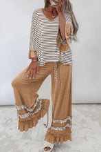 Load image into Gallery viewer, Gray Stripe V Neck Ruffle Contrast Sleeve Top Drawstring Pants 2pcs Set