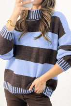 Load image into Gallery viewer, Sky Blue Stripe Contrast High Neck Dropped Shoulder Relaxed Pullover Sweater
