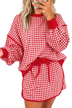 Load image into Gallery viewer, Green Gingham Oversized Ribbed Trim Crew Neck Long Sleeve Top and Skort Set