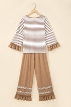 Load image into Gallery viewer, Gray Stripe V Neck Ruffle Contrast Sleeve Top Drawstring Pants 2pcs Set