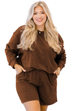 Load image into Gallery viewer, Chestnut Drop Shoulder Long Sleeve Top Elastic Waist Shorts Plus Size Set