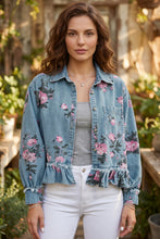 Load image into Gallery viewer, Sky Blue Floral Print Raw Seam Ruffle Hem Denim Jacket