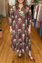 Load image into Gallery viewer, Brown Floral Print V-Neck Long Sleeve Loose Shift Plus Size Dress