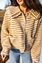 Load image into Gallery viewer, Brown Stripe Striped Fleece Button Front Long Sleeve Regular Fit Jacket
