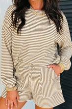 Load image into Gallery viewer, Brown Stripe Textured Knit Long Sleeve Top Elastic Waist Shorts Casual Outfit