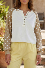 Load image into Gallery viewer, Khaki Polka Dot Contrast Long Sleeve Button V Neck Sweater