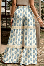 Load image into Gallery viewer, Sky Blue Floral Print Lace Patchwork Detail Wide Leg Pants
