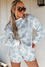 Load image into Gallery viewer, Sky Blue Floral Print Striped Detail Long Sleeve Top Ruffle Hem Shorts 2pcs Set