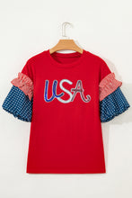Load image into Gallery viewer, Fiery Red Sequin USA Lettering Patriotic Contrast Splicing Sleeve Top
