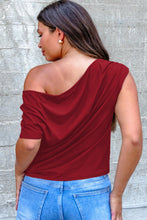 Load image into Gallery viewer, Burgundy Plus Size Solid Color Asymmetric Neck Short Sleeve Blouse