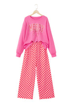 Load image into Gallery viewer, Pink Christmas Slogan Graphic Plaid Contrast Two-piece Pant Set