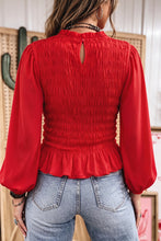 Load image into Gallery viewer, Bright Green Solid Color Smocked Ruffle Hem Long Sleeve Blouse
